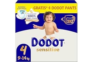 Dodot Pañales Bebé Sensitive, Talla 4 (9-14 kg), 192 Pañales + 4 Pants de Regalo, Hasta 12 h De Protección Antifugas y Cuidado de la Piel, Pack Mensual