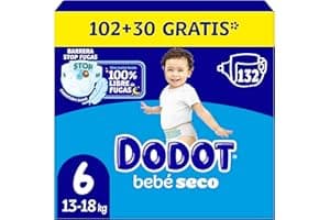 Dodot Pañales Bebé-Seco, Talla 6 (13-18 kg), 132 Pañales + Regalo de 1 Pack de 10 Toallitas Aqua Pure 99% Agua, Una Noche Hasta Un 100% Libre De Fugas, Pack mensual