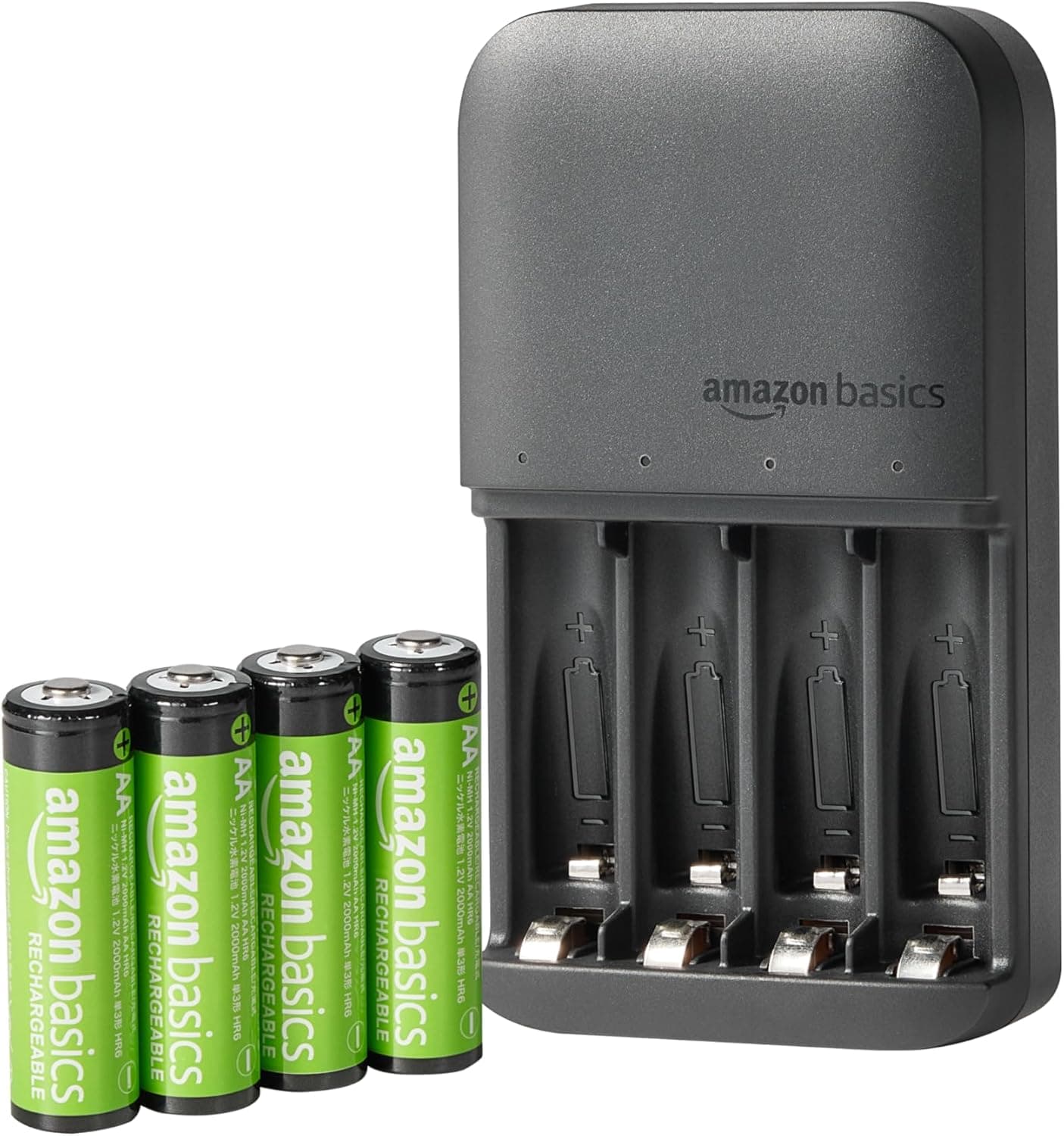 Amazon Basics pilas recargables NiMH con cargador de pilas de 4 ranuras, enchufe de la UE, Paquete de 4 AA 2000mAh, Negro
